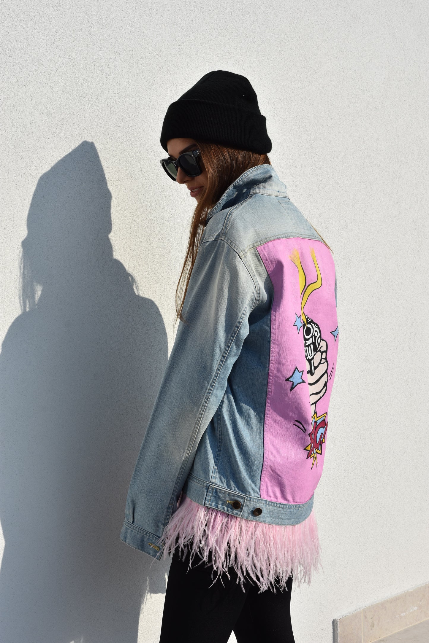 Bang! Pink Pop Art Denim Jacket with Feather Trim