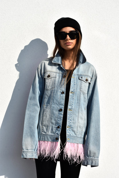 Bang! Pink Pop Art Denim Jacket with Feather Trim