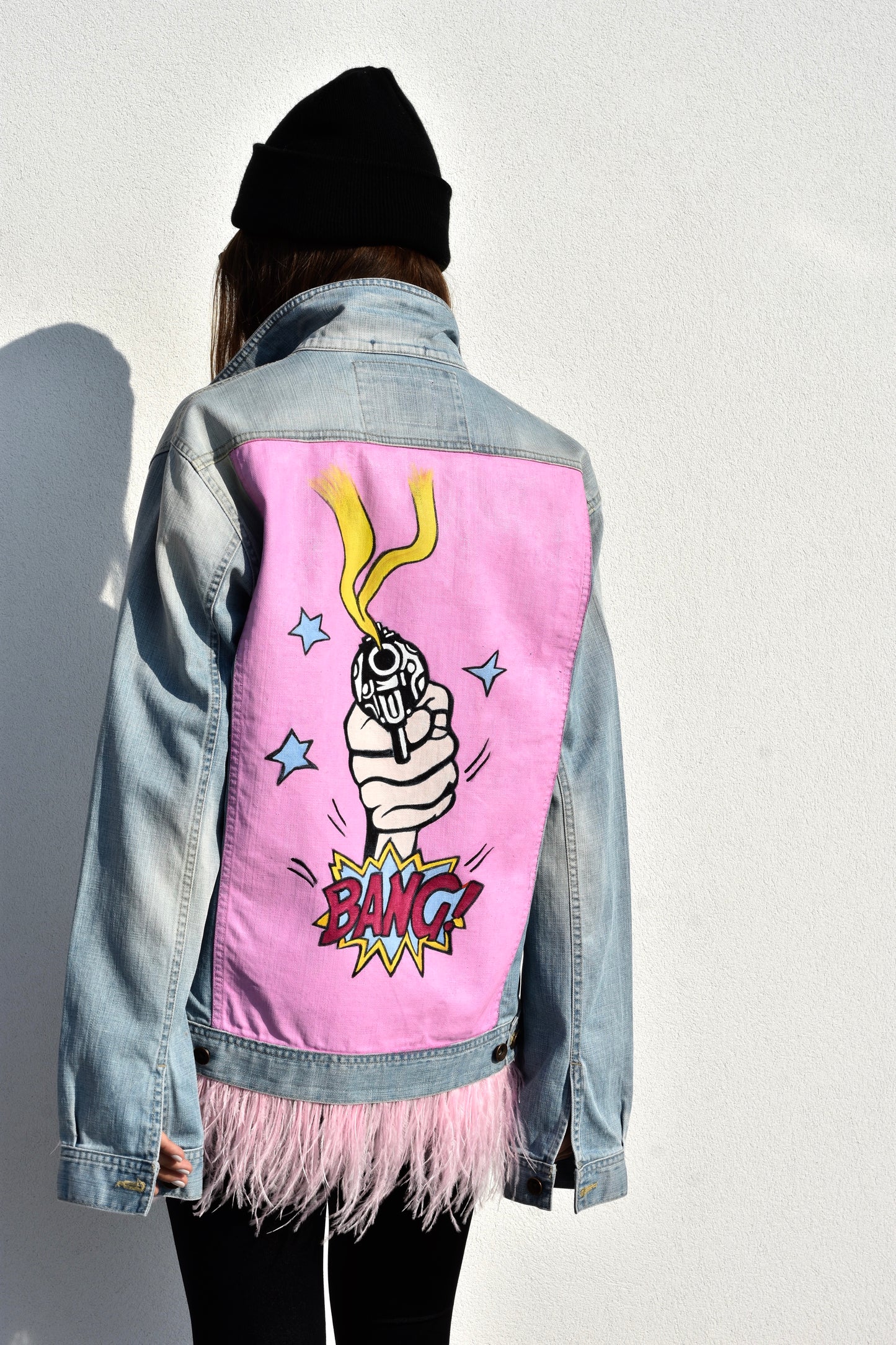 Bang! Pink Pop Art Denim Jacket with Feather Trim